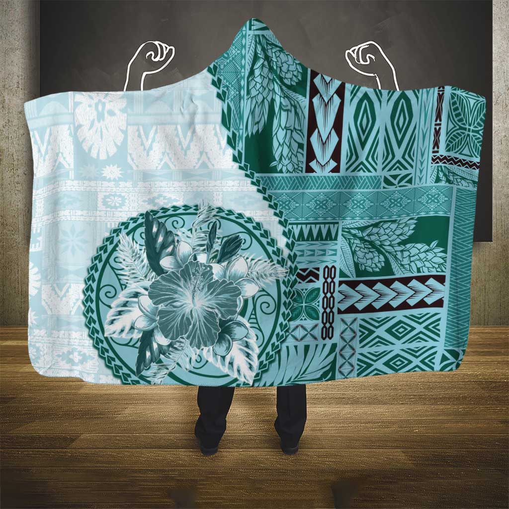 Samoa Siapo Elegant Hooded Blanket Hibiscus Teal Motifs - Polynesian Pride