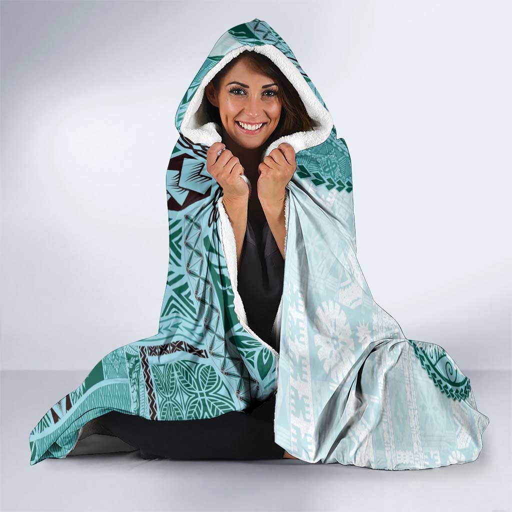 Samoa Siapo Elegant Hooded Blanket Hibiscus Teal Motifs - Polynesian Pride