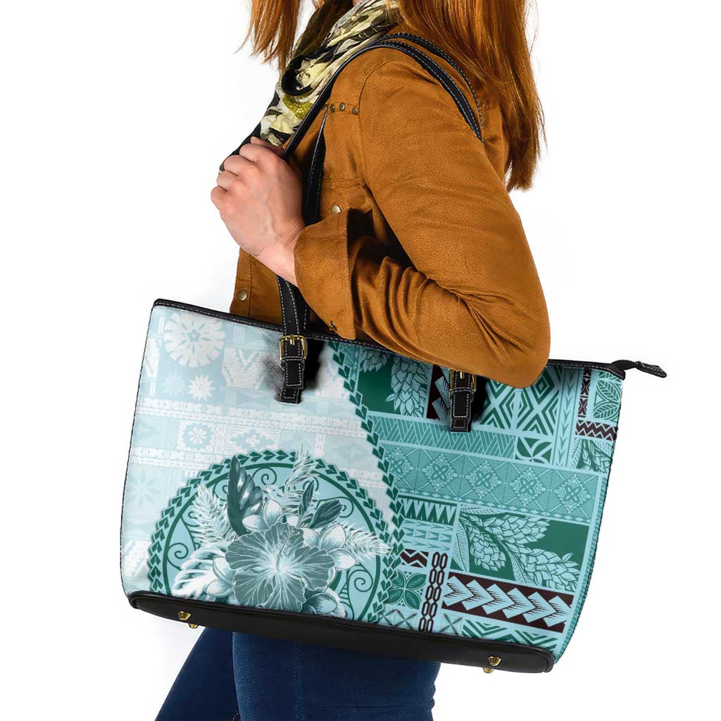 Samoa Siapo Elegant Leather Tote Bag Hibiscus Teal Motifs - Polynesian Pride