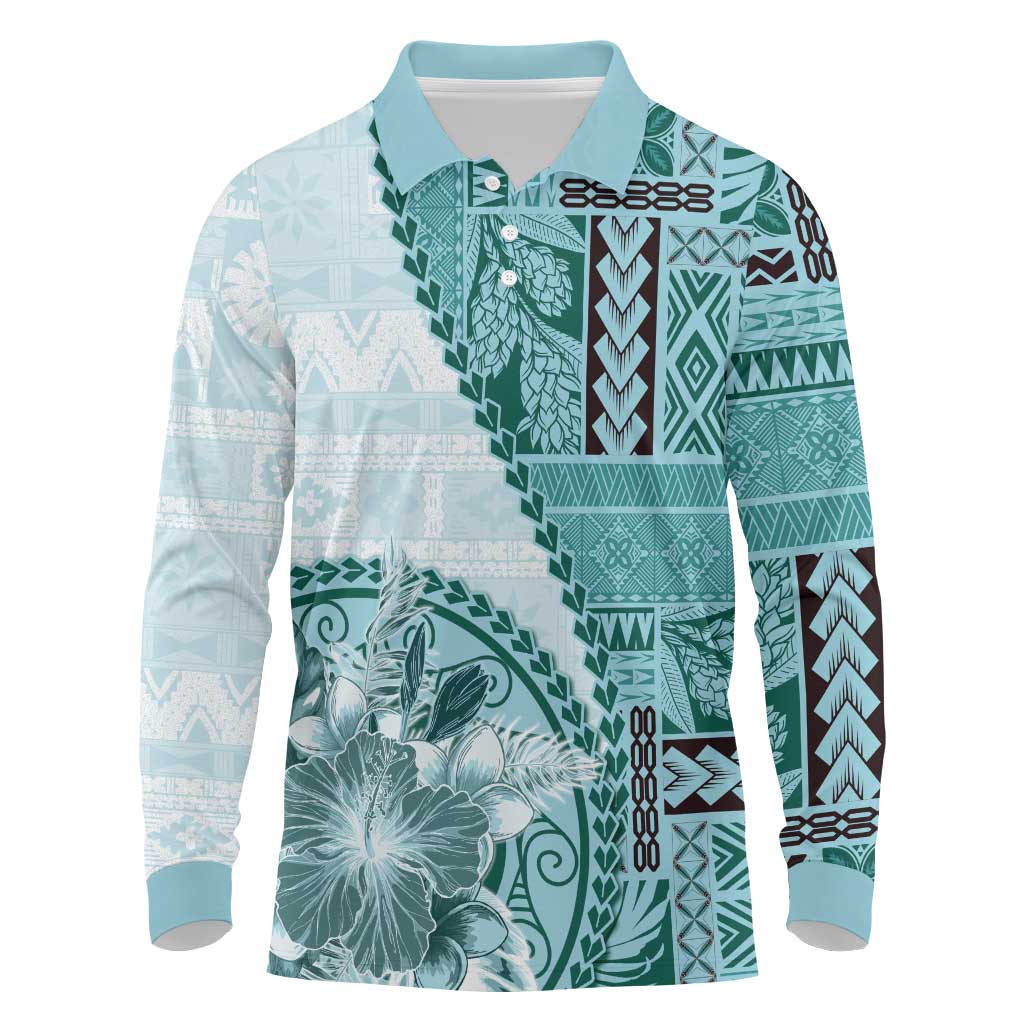 Samoa Siapo Elegant Long Sleeve Polo Shirt Hibiscus Teal Motifs - Polynesian Pride