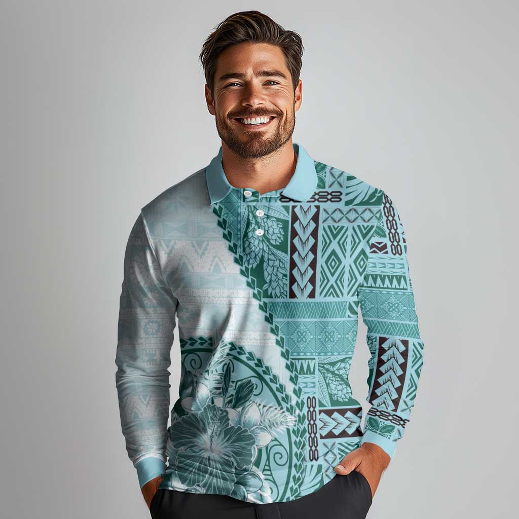 Samoa Siapo Elegant Long Sleeve Polo Shirt Hibiscus Teal Motifs - Polynesian Pride