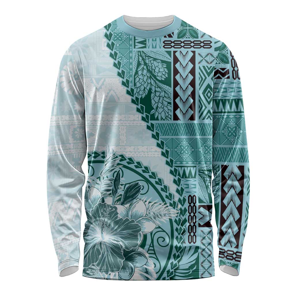 Samoa Siapo Elegant Long Sleeve Shirt Hibiscus Teal Motifs - Polynesian Pride