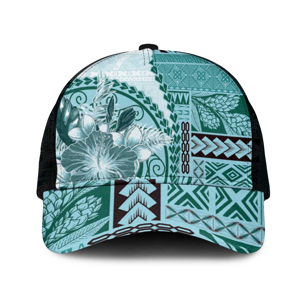 Samoa Siapo Elegant Mesh Trucker Cap Hibiscus Teal Motifs - Polynesian Pride