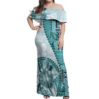 Samoa Siapo Elegant Off Shoulder Maxi Dress Hibiscus Teal Motifs - Polynesian Pride
