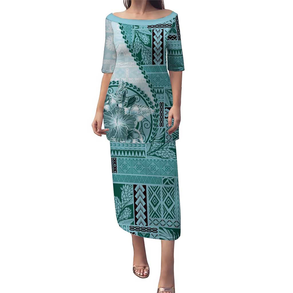 Samoa Siapo Elegant Puletasi Hibiscus Teal Motifs - Polynesian Pride