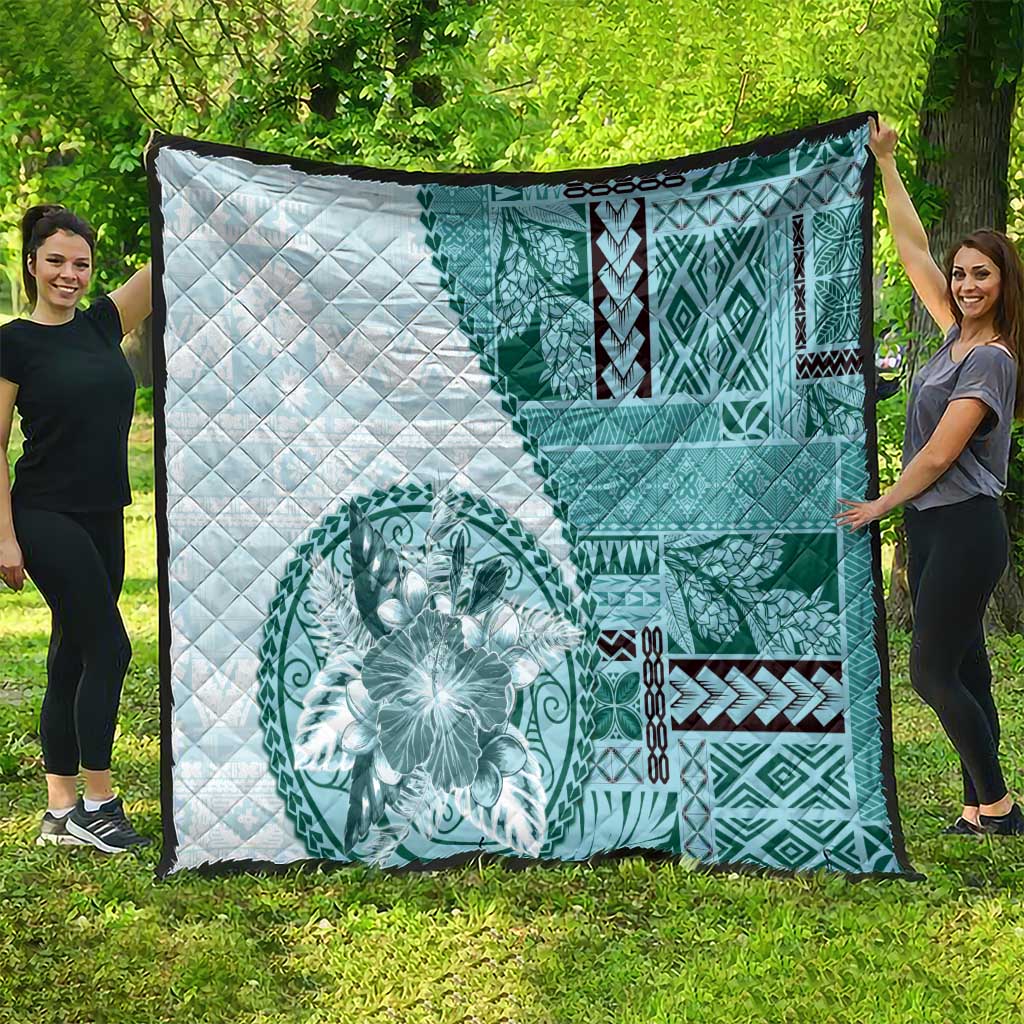 Samoa Siapo Elegant Quilt Hibiscus Teal Motifs - Polynesian Pride