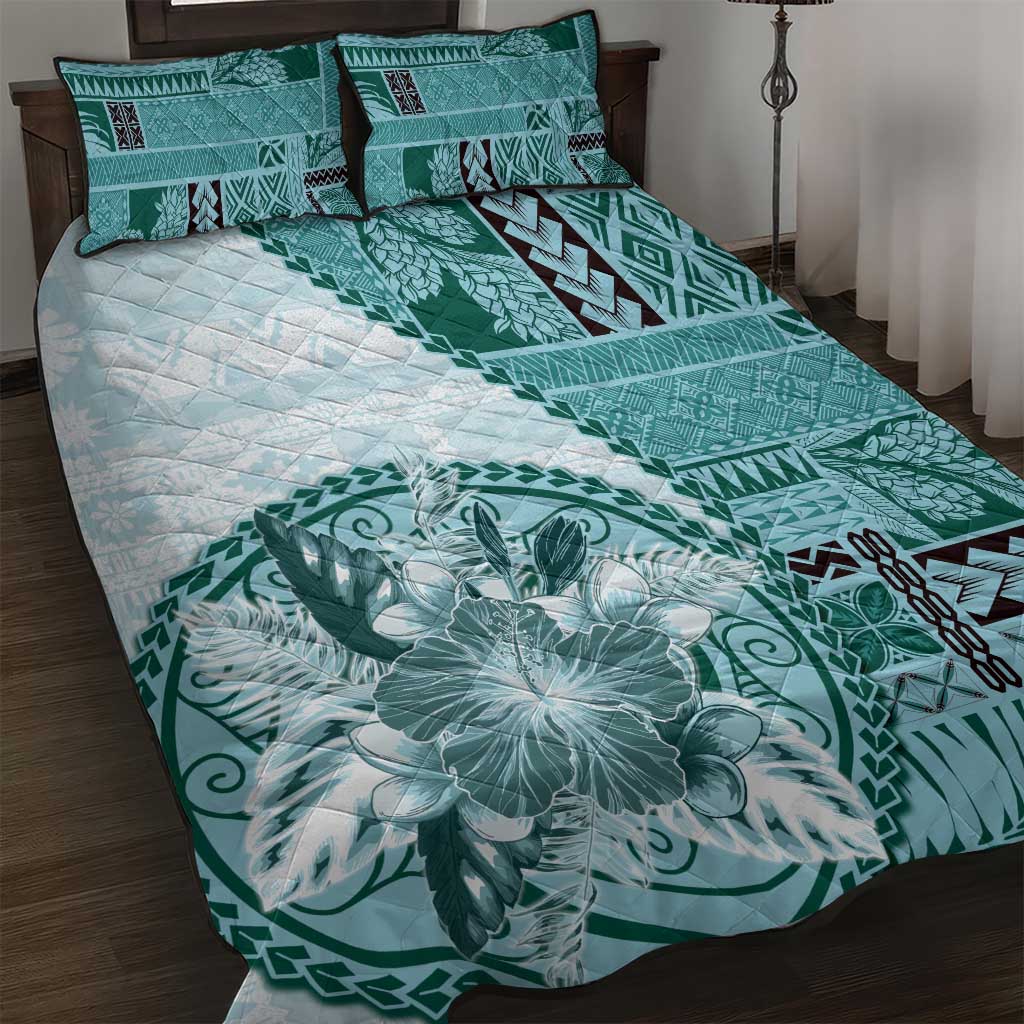 Samoa Siapo Elegant Quilt Bed Set Hibiscus Teal Motifs - Polynesian Pride