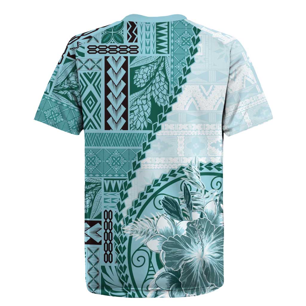Samoa Siapo Elegant Rugby Jersey Hibiscus Teal Motifs - Polynesian Pride