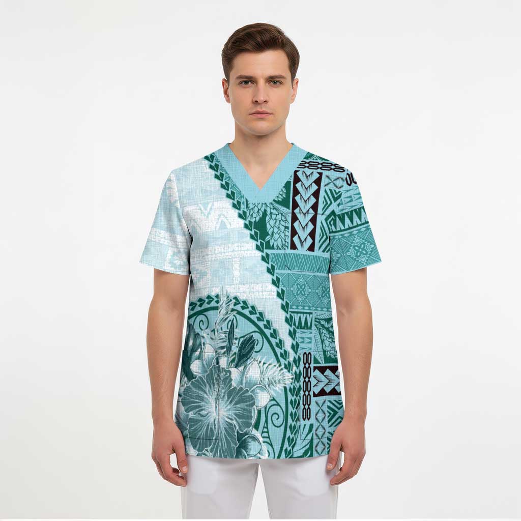 Samoa Siapo Elegant Scrub Top Hibiscus Teal Motifs - Polynesian Pride