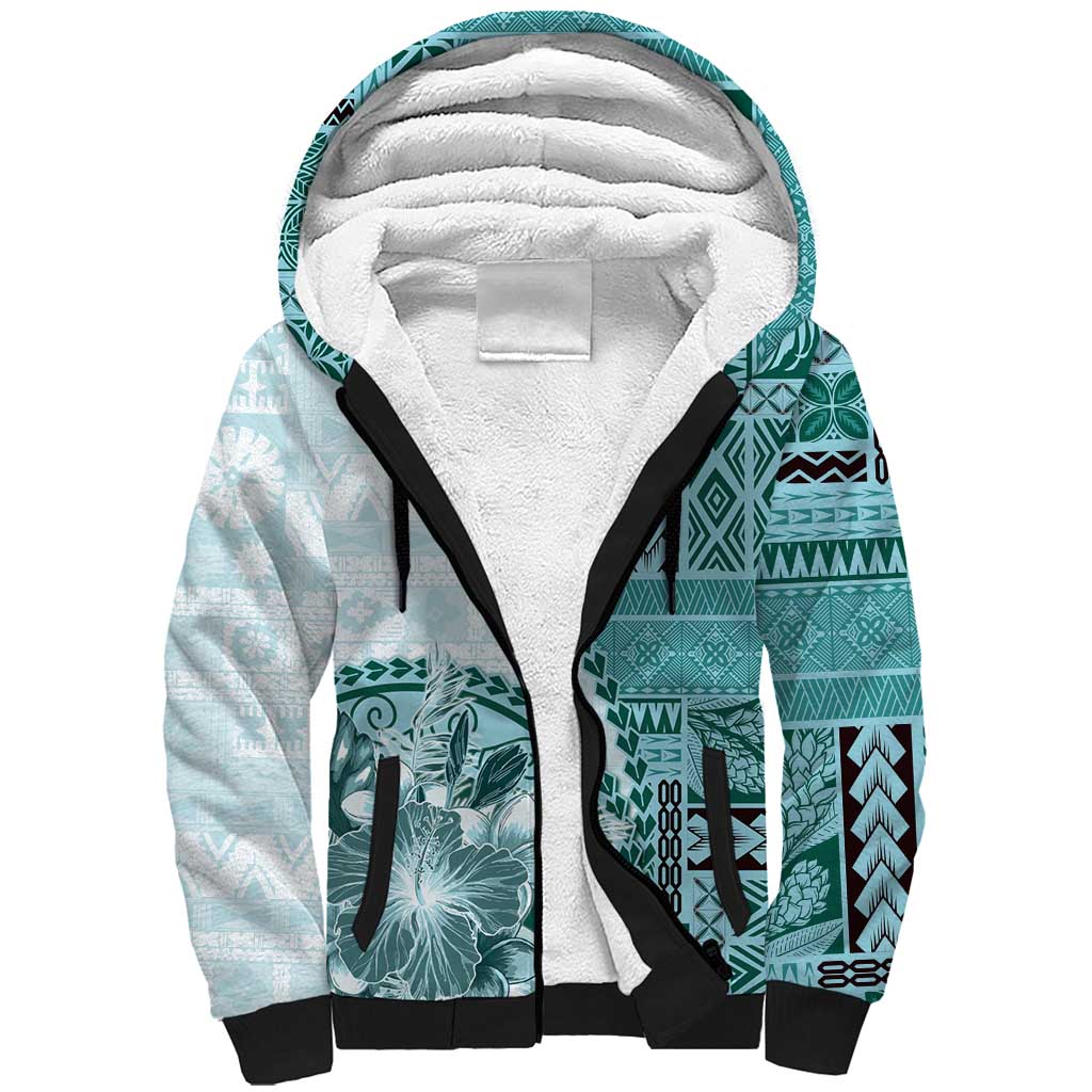 Samoa Siapo Elegant Sherpa Hoodie Hibiscus Teal Motifs - Polynesian Pride