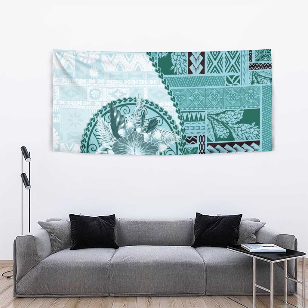 Samoa Siapo Elegant Tapestry Hibiscus Teal Motifs - Polynesian Pride