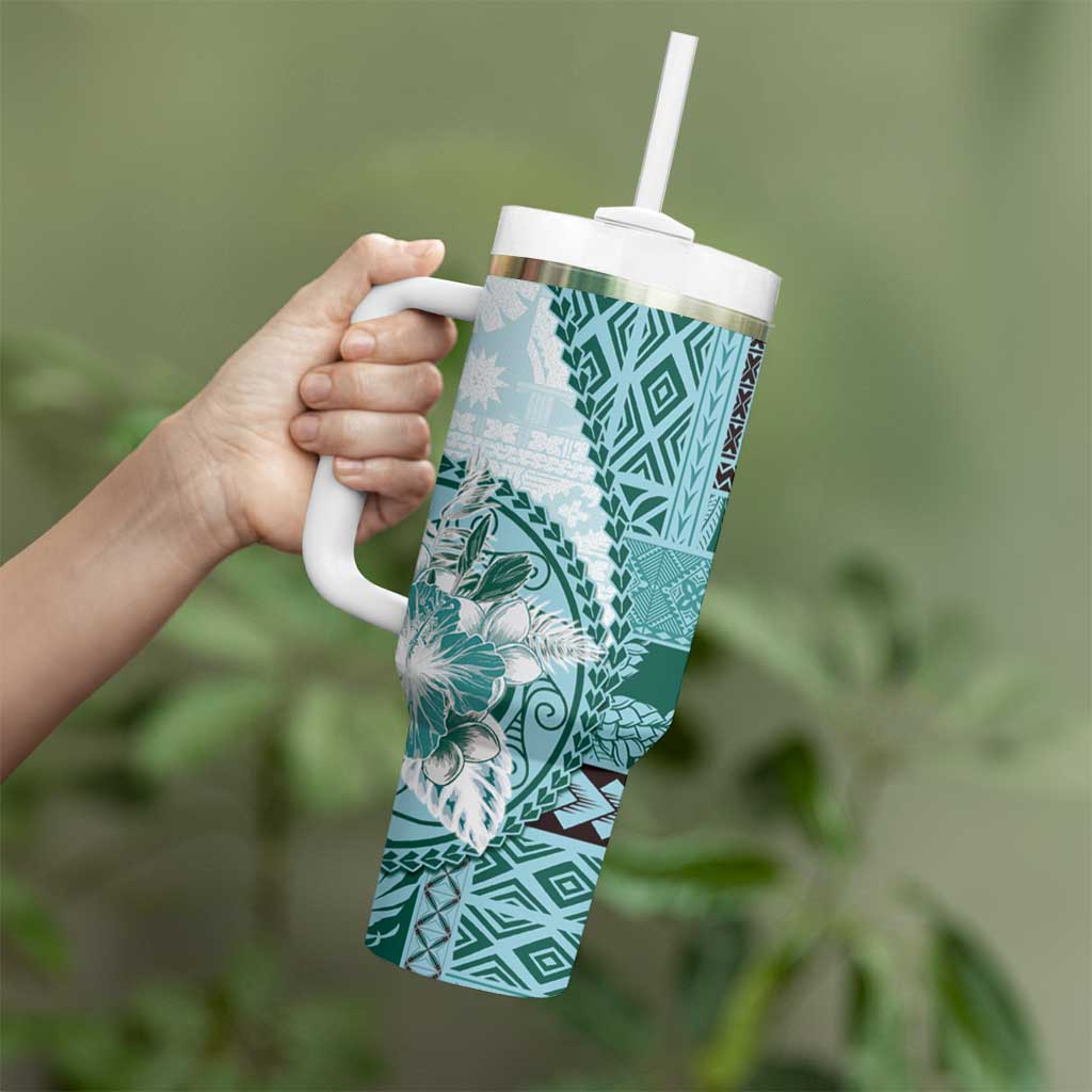Samoa Siapo Elegant Tumbler With Handle Hibiscus Teal Motifs LT05 - Polynesian Pride