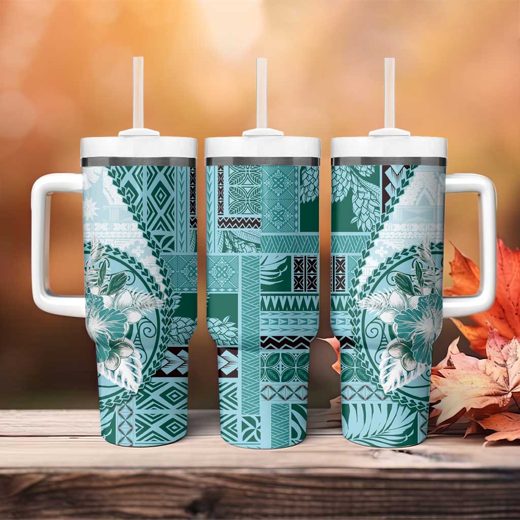 Samoa Siapo Elegant Tumbler With Handle Hibiscus Teal Motifs LT05 - Polynesian Pride