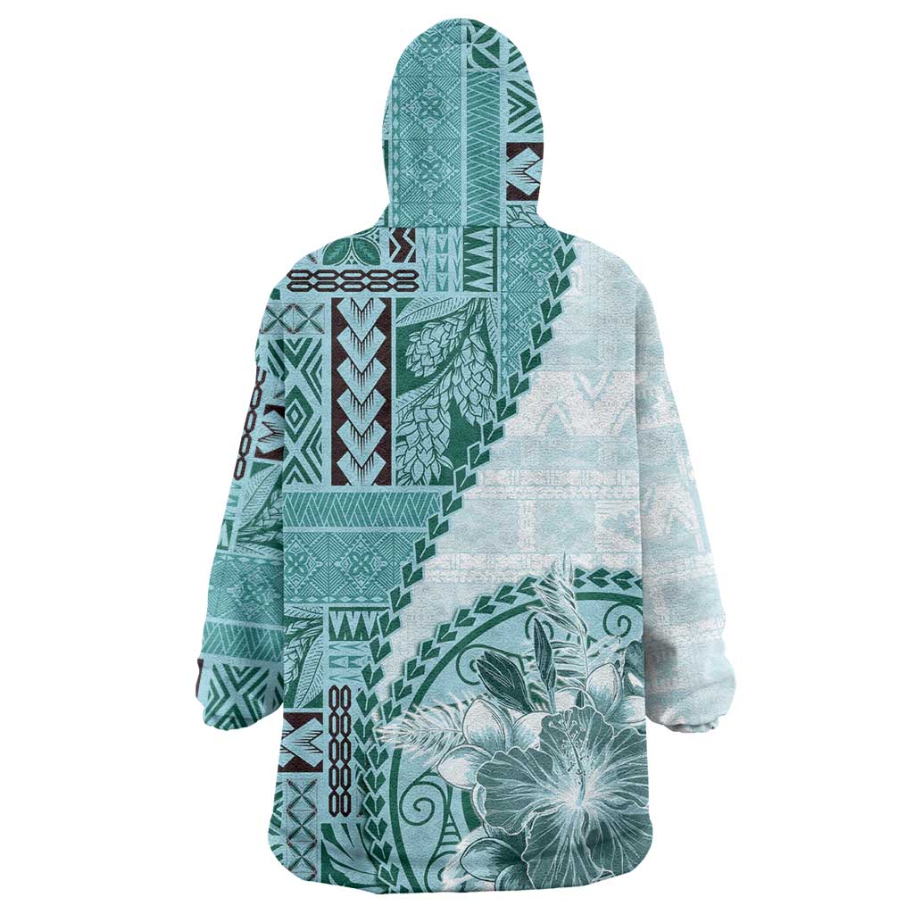 Samoa Siapo Elegant Wearable Blanket Hoodie Hibiscus Teal Motifs - Polynesian Pride