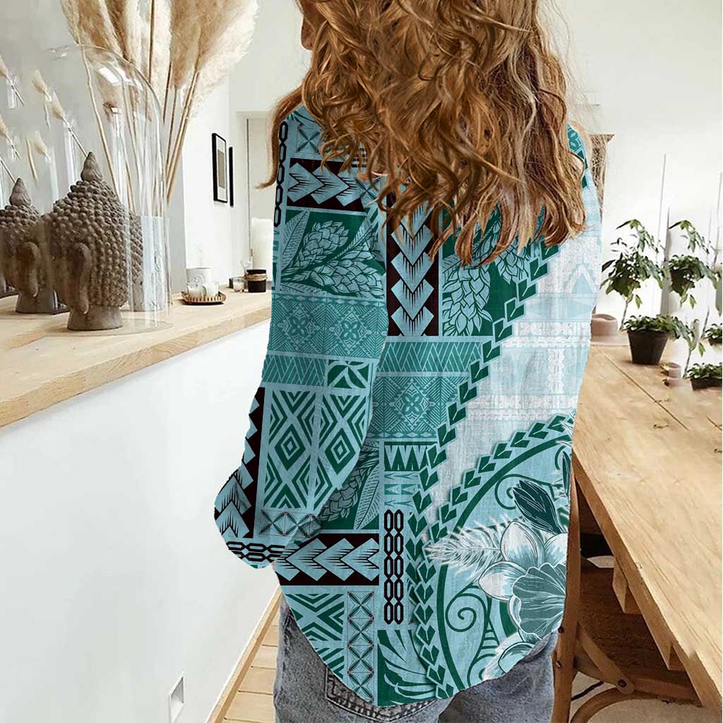 Samoa Siapo Elegant Women Casual Shirt Hibiscus Teal Motifs - Polynesian Pride