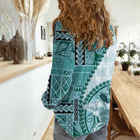 Samoa Siapo Elegant Women Casual Shirt Hibiscus Teal Motifs - Polynesian Pride