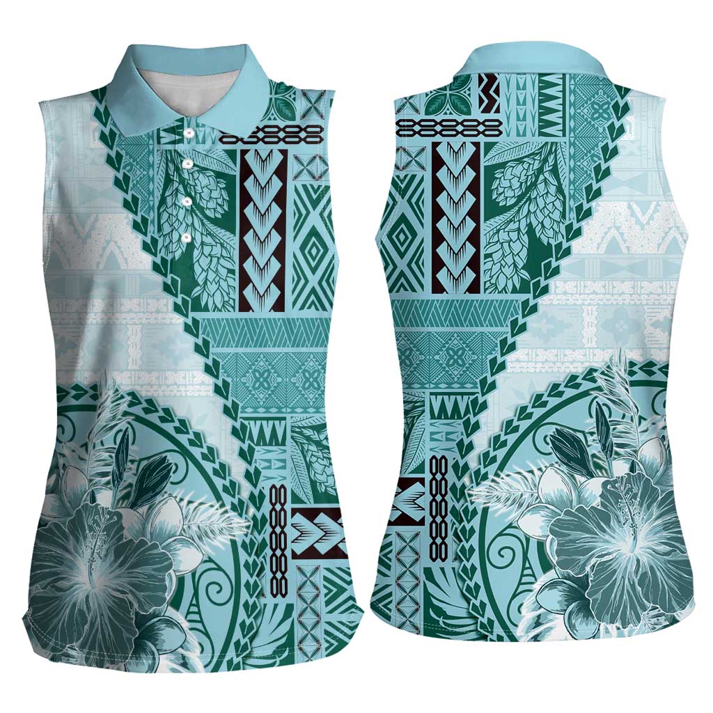 Samoa Siapo Elegant Women Sleeveless Polo Shirt Hibiscus Teal Motifs - Polynesian Pride