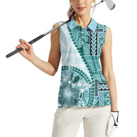 Samoa Siapo Elegant Women Sleeveless Polo Shirt Hibiscus Teal Motifs - Polynesian Pride