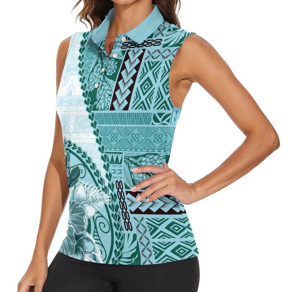 Samoa Siapo Elegant Women Sleeveless Polo Shirt Hibiscus Teal Motifs - Polynesian Pride