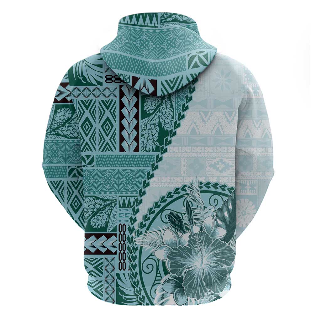 Samoa Siapo Elegant Zip Hoodie Hibiscus Teal Motifs - Polynesian Pride