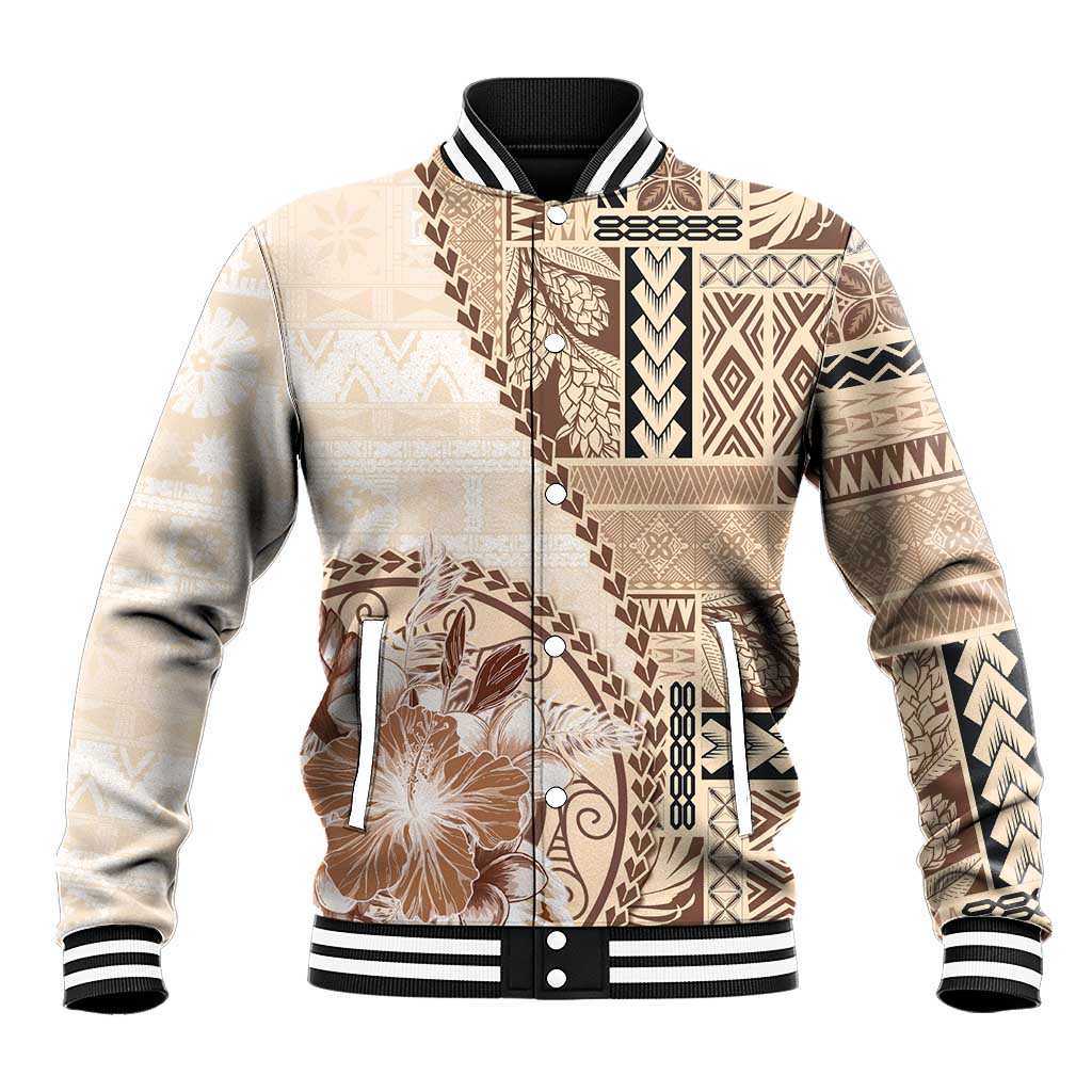 Samoa Siapo Elegant Baseball Jacket Hibiscus Beige Motifs - Polynesian Pride