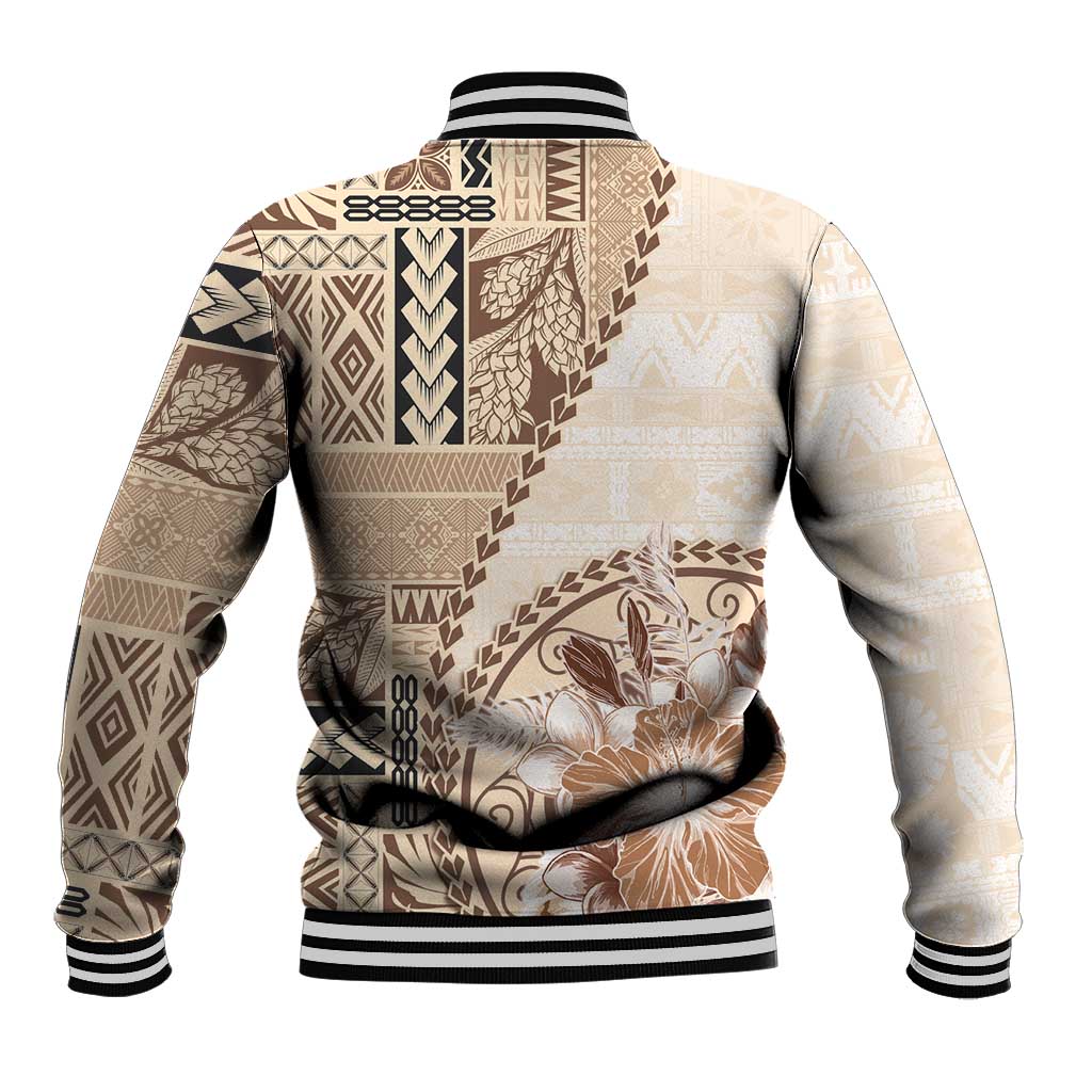 Samoa Siapo Elegant Baseball Jacket Hibiscus Beige Motifs - Polynesian Pride