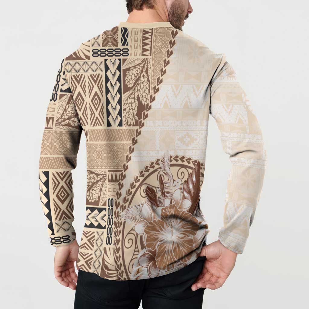 Samoa Siapo Elegant Button Sweatshirt Hibiscus Beige Motifs - Polynesian Pride