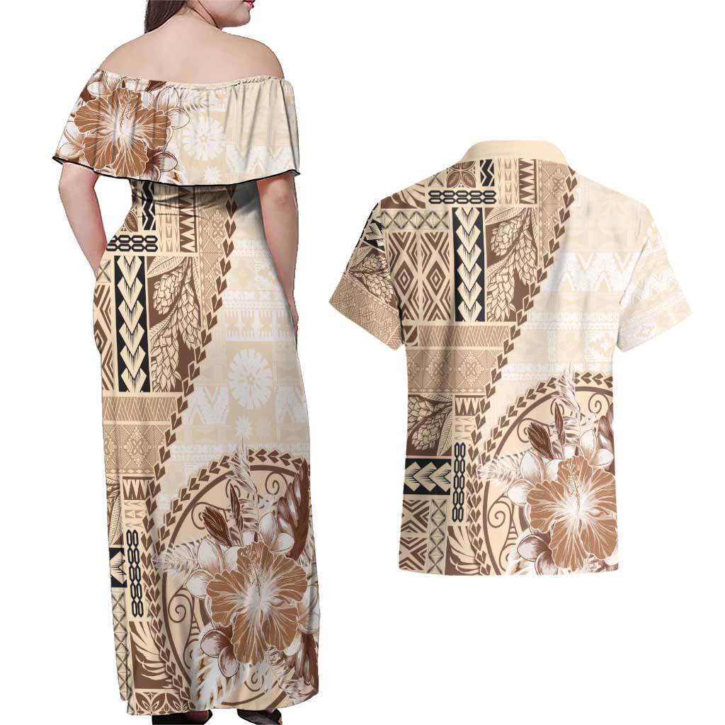 Samoa Siapo Elegant Couples Matching Off Shoulder Maxi Dress and Hawaiian Shirt Hibiscus Beige Motifs - Polynesian Pride