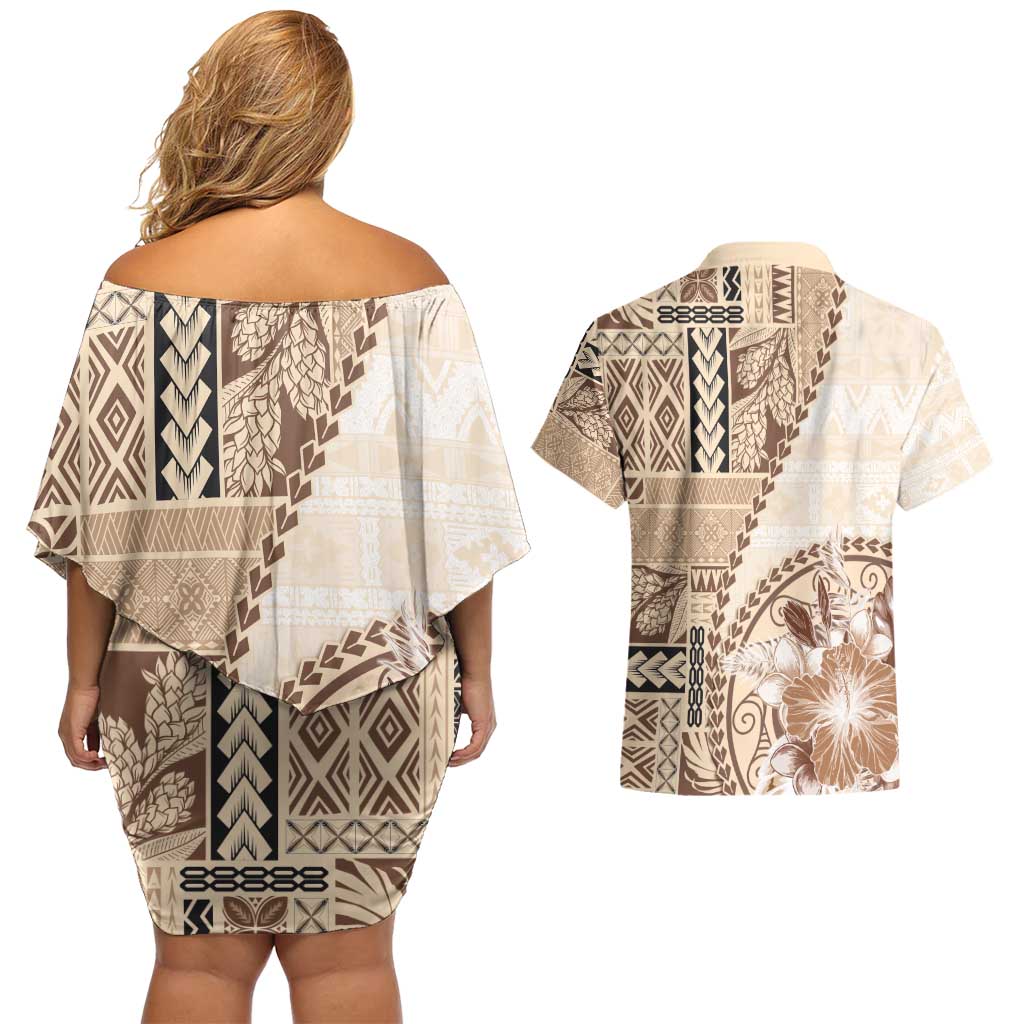 Samoa Siapo Elegant Couples Matching Off Shoulder Short Dress and Hawaiian Shirt Hibiscus Beige Motifs - Polynesian Pride