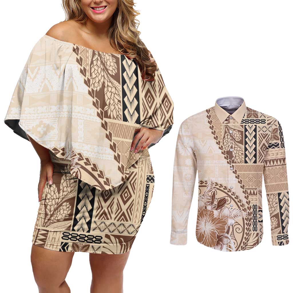 Samoa Siapo Elegant Couples Matching Off Shoulder Short Dress and Long Sleeve Button Shirt Hibiscus Beige Motifs - Polynesian Pride