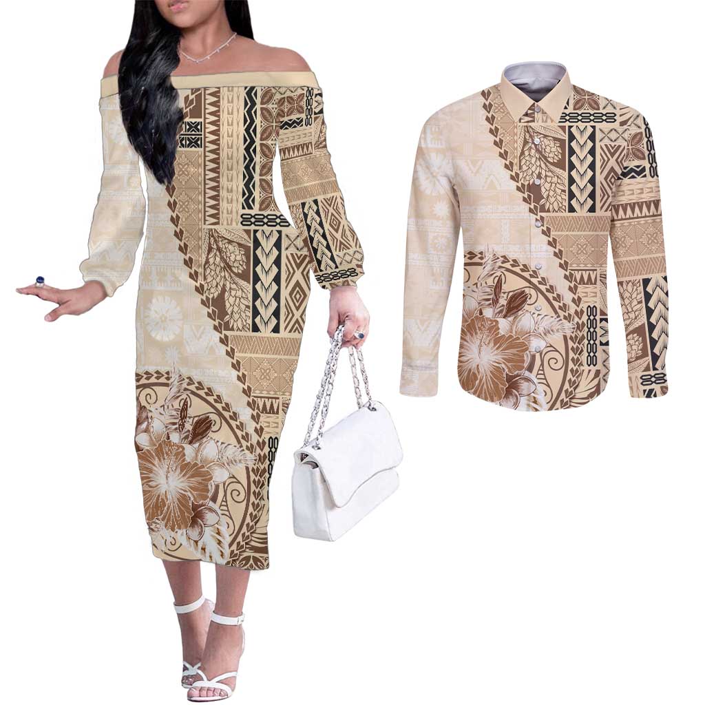 Samoa Siapo Elegant Couples Matching Off The Shoulder Long Sleeve Dress and Long Sleeve Button Shirt Hibiscus Beige Motifs - Polynesian Pride