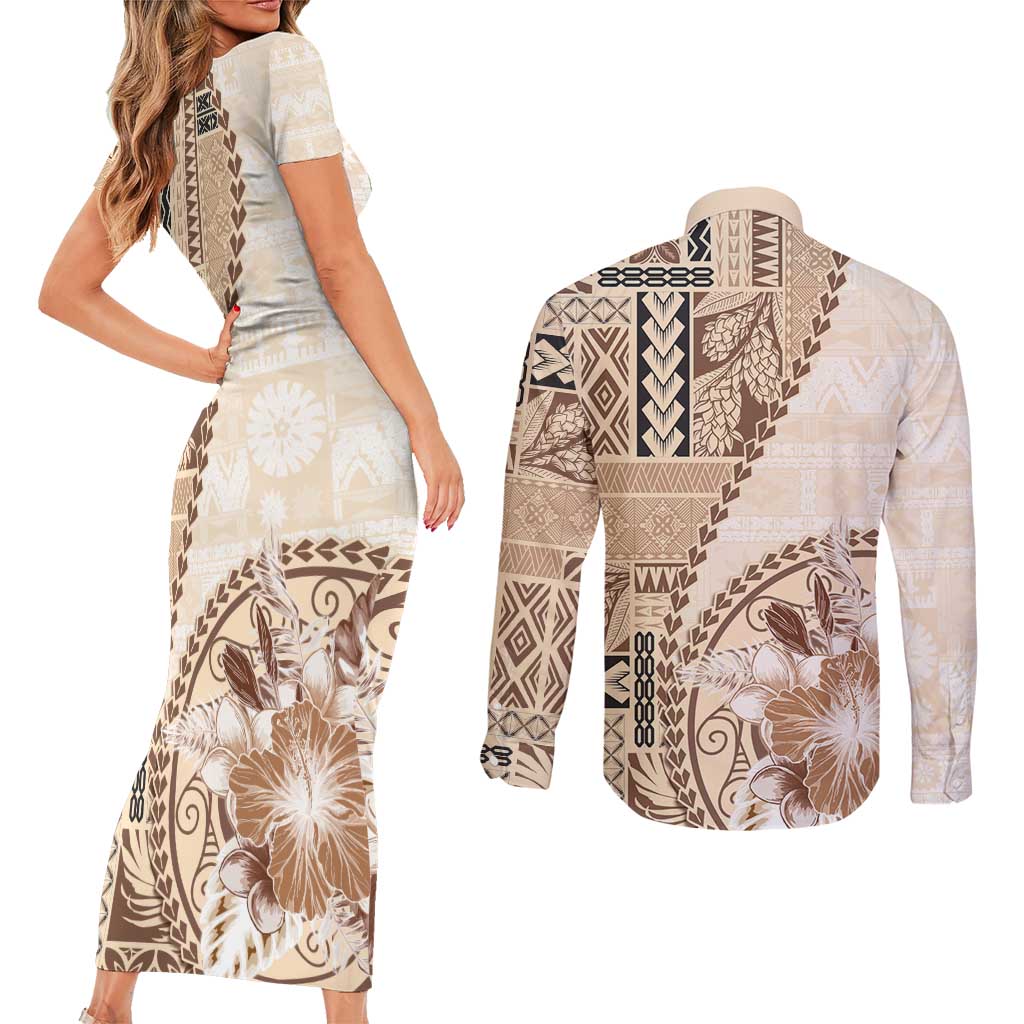 Samoa Siapo Elegant Couples Matching Short Sleeve Bodycon Dress and Long Sleeve Button Shirt Hibiscus Beige Motifs - Polynesian Pride