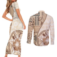 Samoa Siapo Elegant Couples Matching Short Sleeve Bodycon Dress and Long Sleeve Button Shirt Hibiscus Beige Motifs - Polynesian Pride