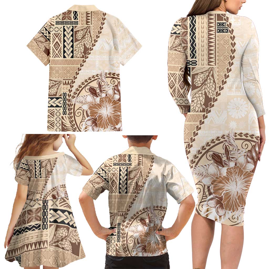 Samoa Siapo Elegant Family Matching Long Sleeve Bodycon Dress and Hawaiian Shirt Hibiscus Beige Motifs - Polynesian Pride