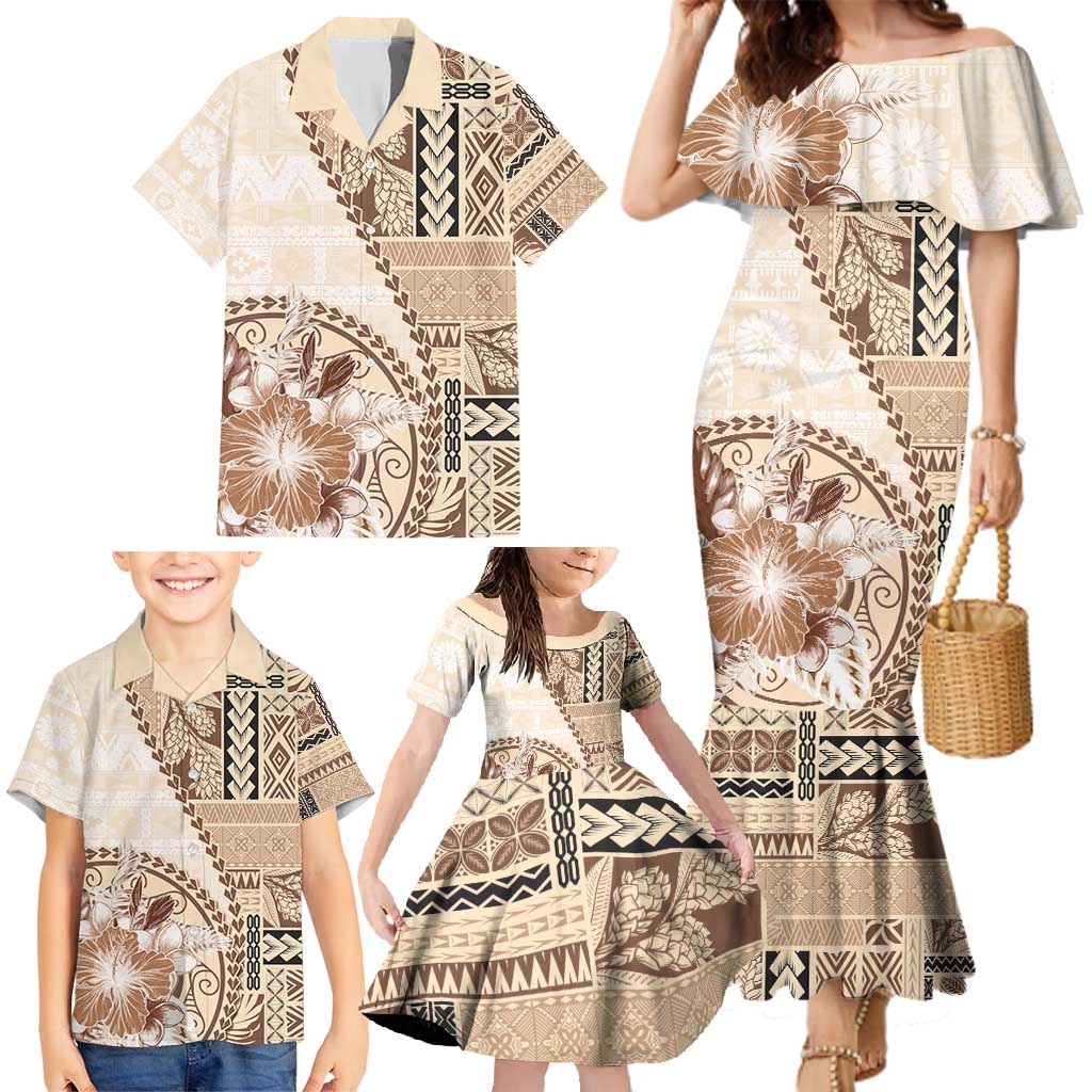 Samoa Siapo Elegant Family Matching Mermaid Dress and Hawaiian Shirt Hibiscus Beige Motifs - Polynesian Pride