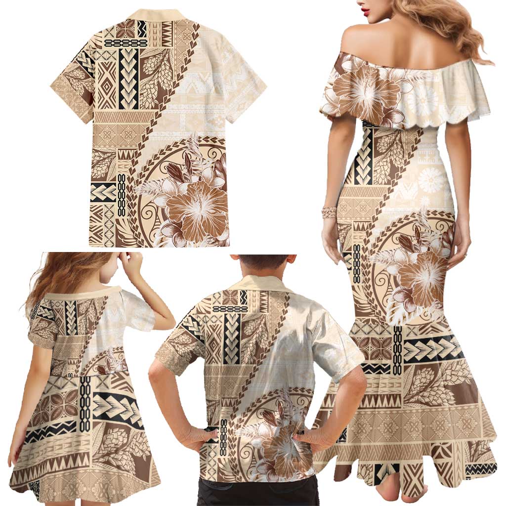 Samoa Siapo Elegant Family Matching Mermaid Dress and Hawaiian Shirt Hibiscus Beige Motifs - Polynesian Pride