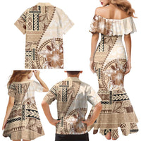 Samoa Siapo Elegant Family Matching Mermaid Dress and Hawaiian Shirt Hibiscus Beige Motifs - Polynesian Pride