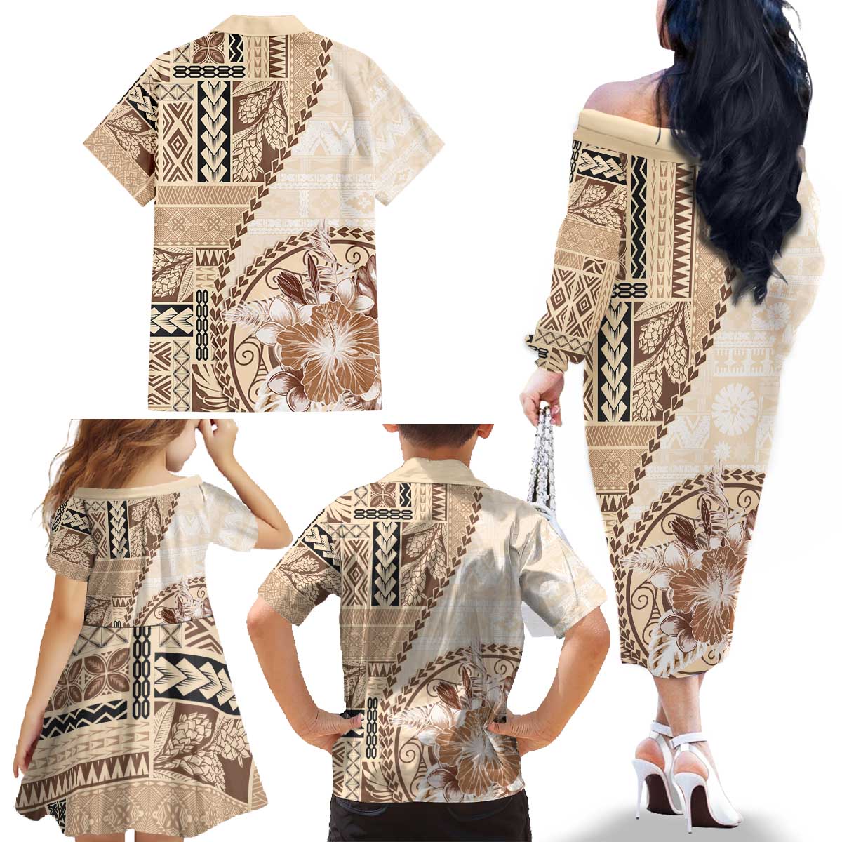 Samoa Siapo Elegant Family Matching Off The Shoulder Long Sleeve Dress and Hawaiian Shirt Hibiscus Beige Motifs - Polynesian Pride