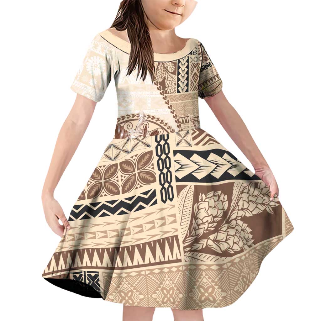 Samoa Siapo Elegant Family Matching Off Shoulder Short Dress and Hawaiian Shirt Hibiscus Beige Motifs - Polynesian Pride
