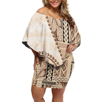 Samoa Siapo Elegant Family Matching Off Shoulder Short Dress and Hawaiian Shirt Hibiscus Beige Motifs - Polynesian Pride