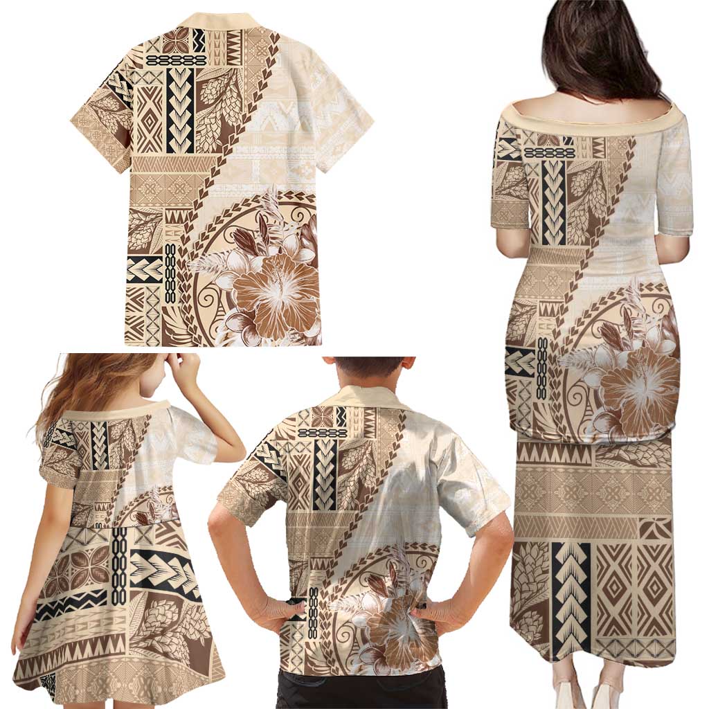 Samoa Siapo Elegant Family Matching Puletasi and Hawaiian Shirt Hibiscus Beige Motifs - Polynesian Pride