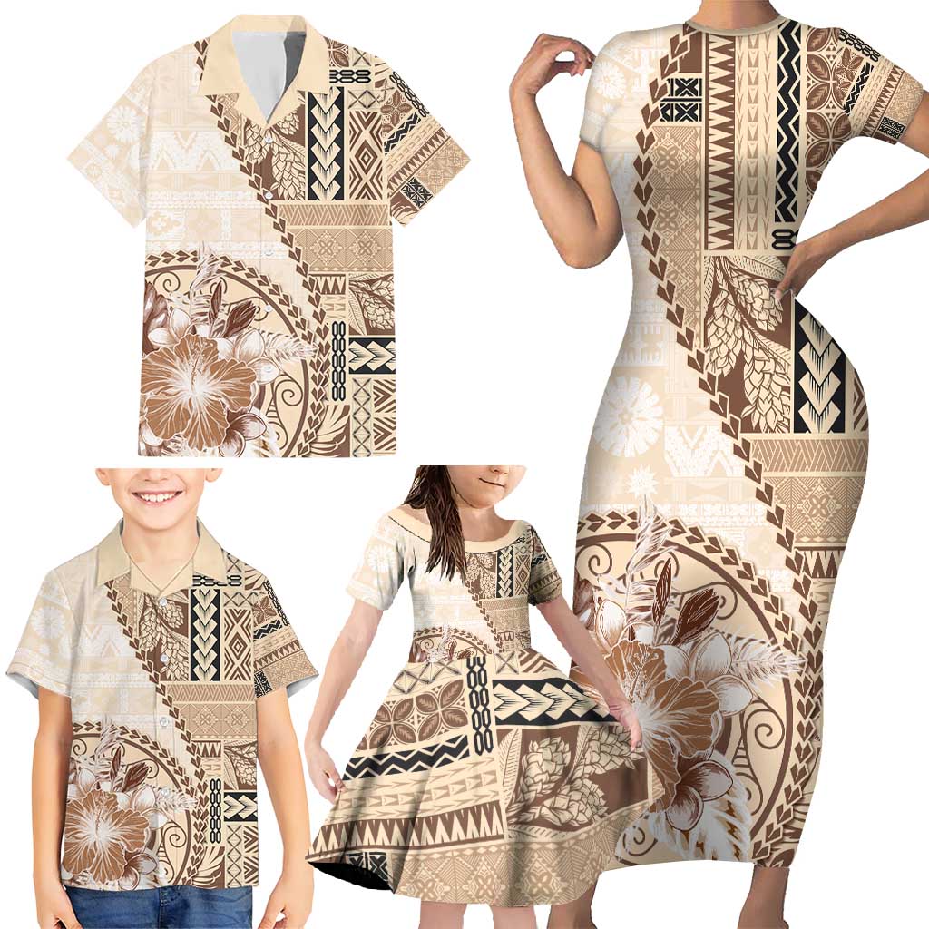 Samoa Siapo Elegant Family Matching Short Sleeve Bodycon Dress and Hawaiian Shirt Hibiscus Beige Motifs - Polynesian Pride