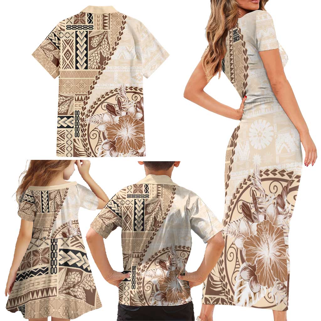 Samoa Siapo Elegant Family Matching Short Sleeve Bodycon Dress and Hawaiian Shirt Hibiscus Beige Motifs - Polynesian Pride