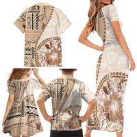 Samoa Siapo Elegant Family Matching Short Sleeve Bodycon Dress and Hawaiian Shirt Hibiscus Beige Motifs - Polynesian Pride