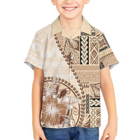Samoa Siapo Elegant Family Matching Short Sleeve Bodycon Dress and Hawaiian Shirt Hibiscus Beige Motifs - Polynesian Pride