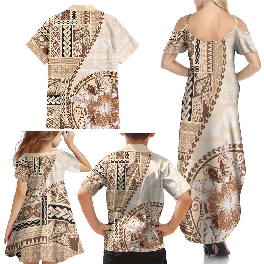 Samoa Siapo Elegant Family Matching Summer Maxi Dress and Hawaiian Shirt Hibiscus Beige Motifs - Polynesian Pride