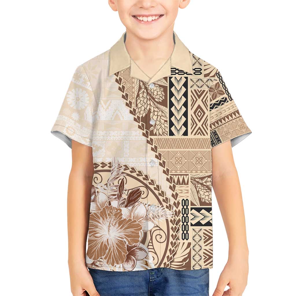 Samoa Siapo Elegant Family Matching Summer Maxi Dress and Hawaiian Shirt Hibiscus Beige Motifs - Polynesian Pride