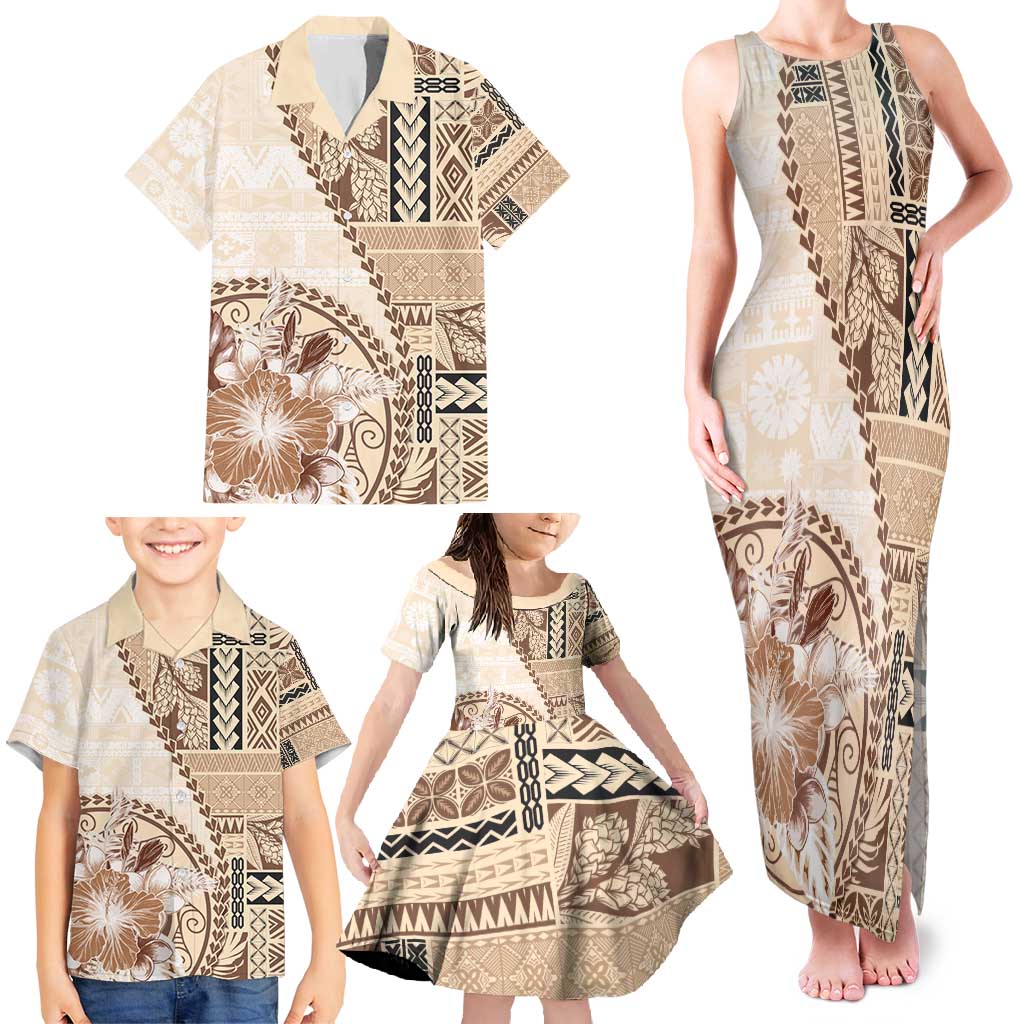Samoa Siapo Elegant Family Matching Tank Maxi Dress and Hawaiian Shirt Hibiscus Beige Motifs - Polynesian Pride