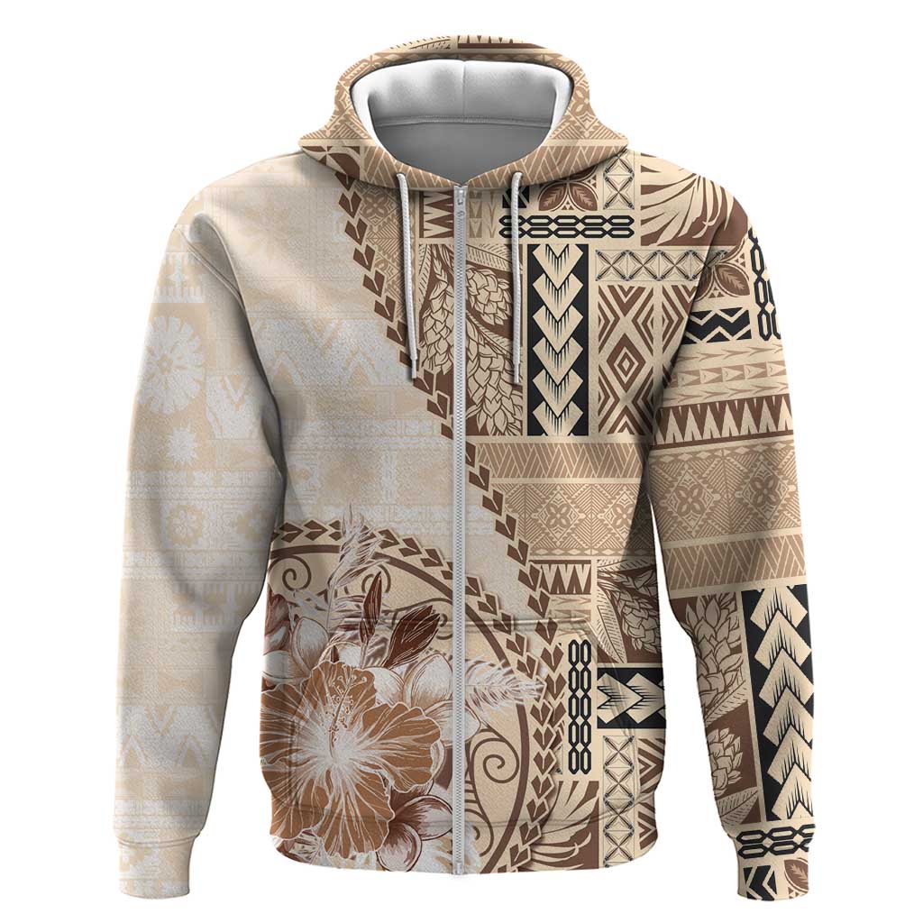 Samoa Siapo Elegant Hoodie Hibiscus Beige Motifs - Polynesian Pride