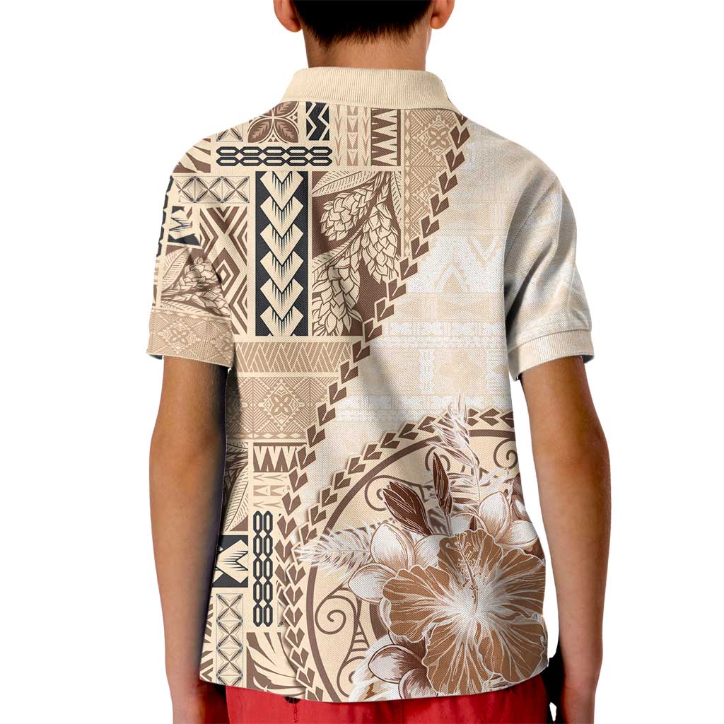 Samoa Siapo Elegant Kid Polo Shirt Hibiscus Beige Motifs - Polynesian Pride